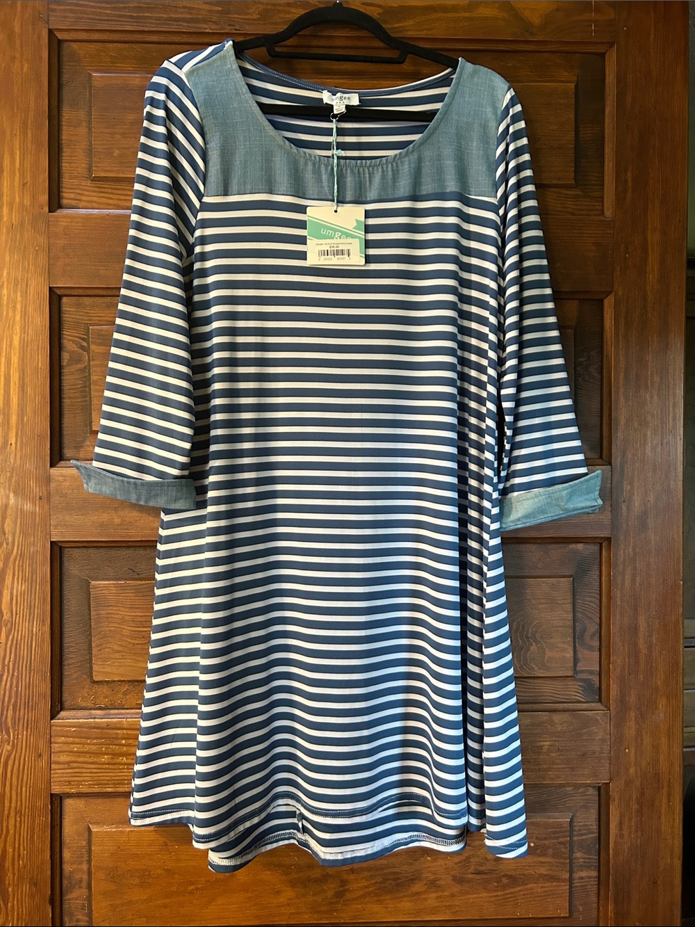 Umgee Blue and White Striped Casual Tunic with Chambray Yoke